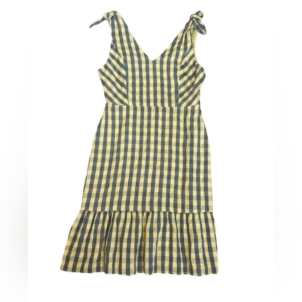Gilli Yellow & Grey Plaid Knot Shoulder Ruffle Hem Jumper Dress Womens Sz Large - Picture 2 of 10